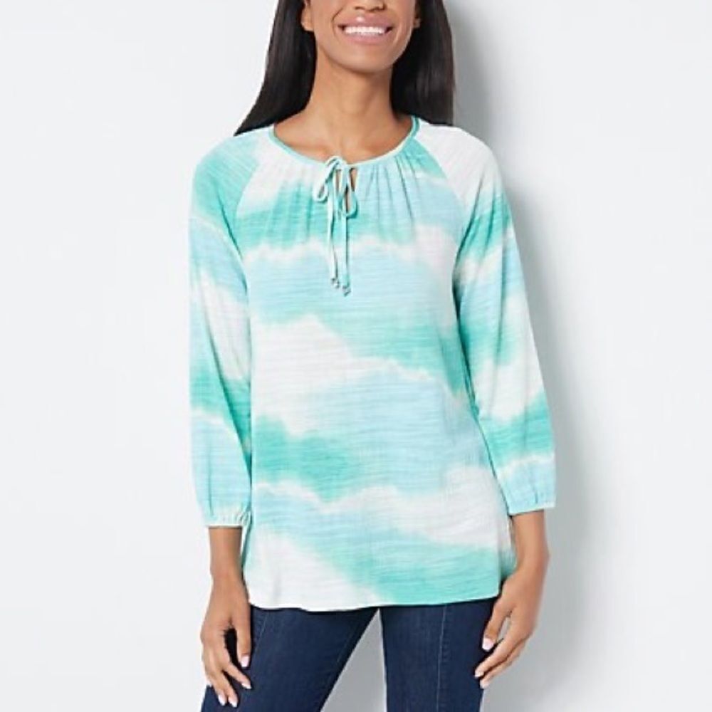 Susan Graver Tie Dye Print Crinkle Knit Long Sleeve Peasant Top